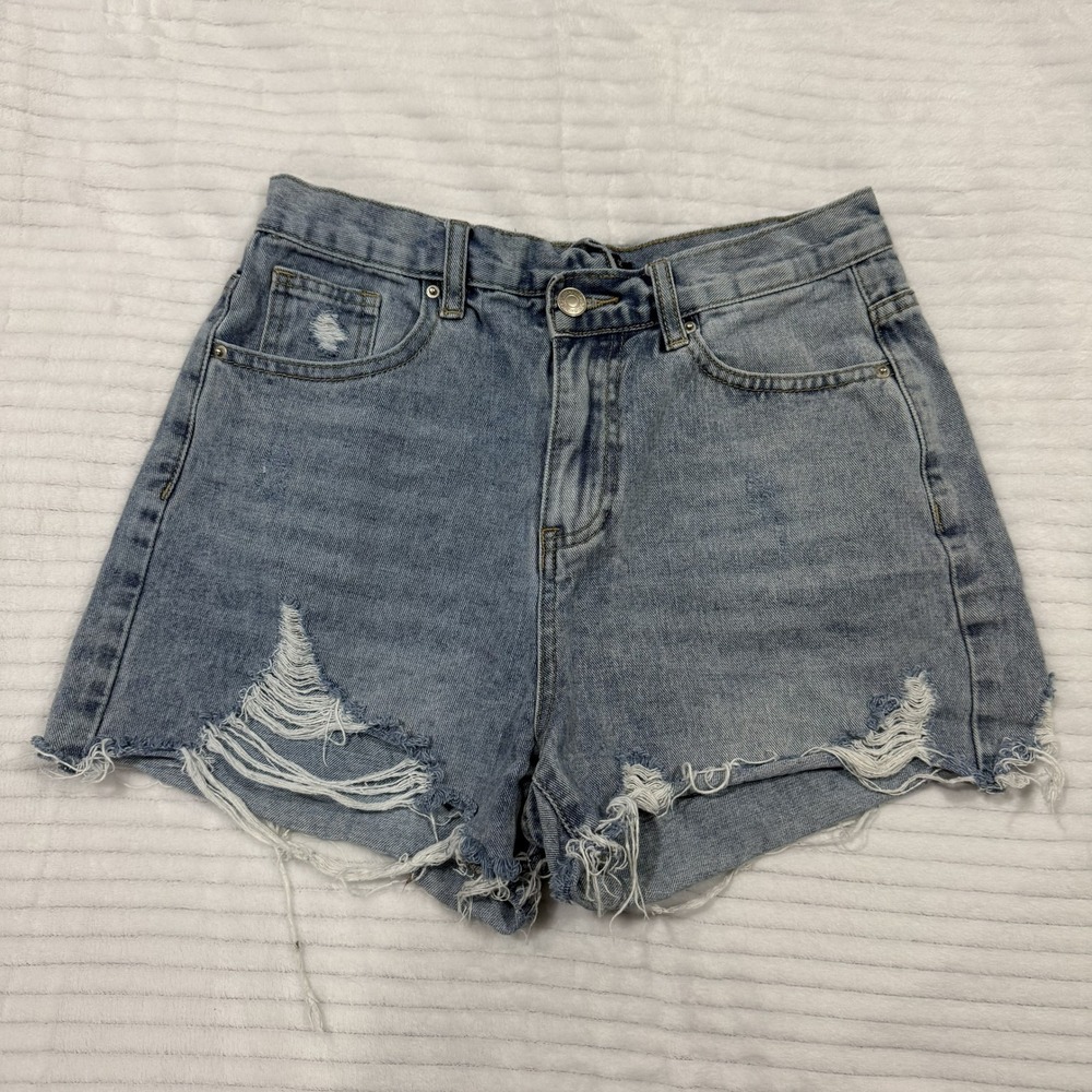 Eyeshock Womens Distressed‎ Denim Shorts Light Wash Blue High Waisted Size M